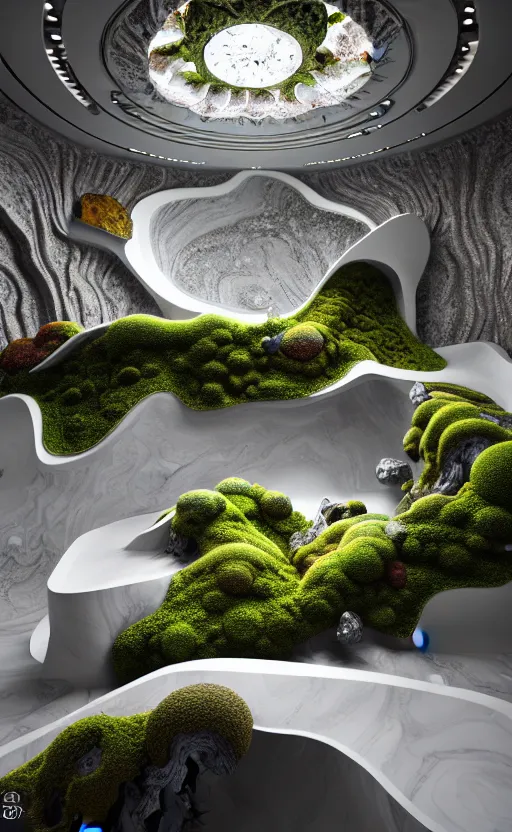 Prompt: highly detailed ultra sharp villa natural light interior soft cinematic composition of a smooth ceramic porcelain biomorphic magnolia stone nebula fluid fractal sci - fi surreal architecture landscape, granite, metallic, marble, moss, lichen, fungi, corals, vincent callebaut composition, mamou - mani, archviz, 8 k, unreal engine