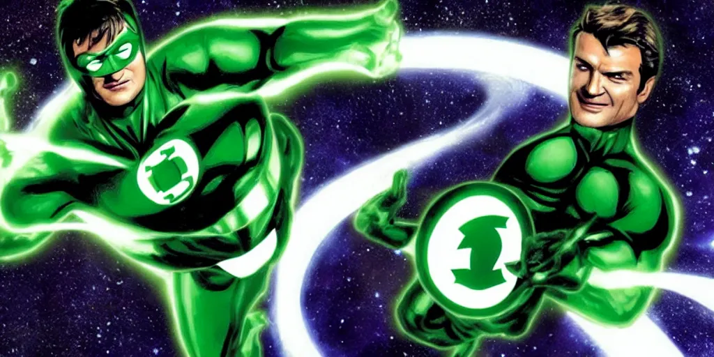 Image similar to Nathan Fillion as Green Lantern Hal Jordan flying through outer space, detailed