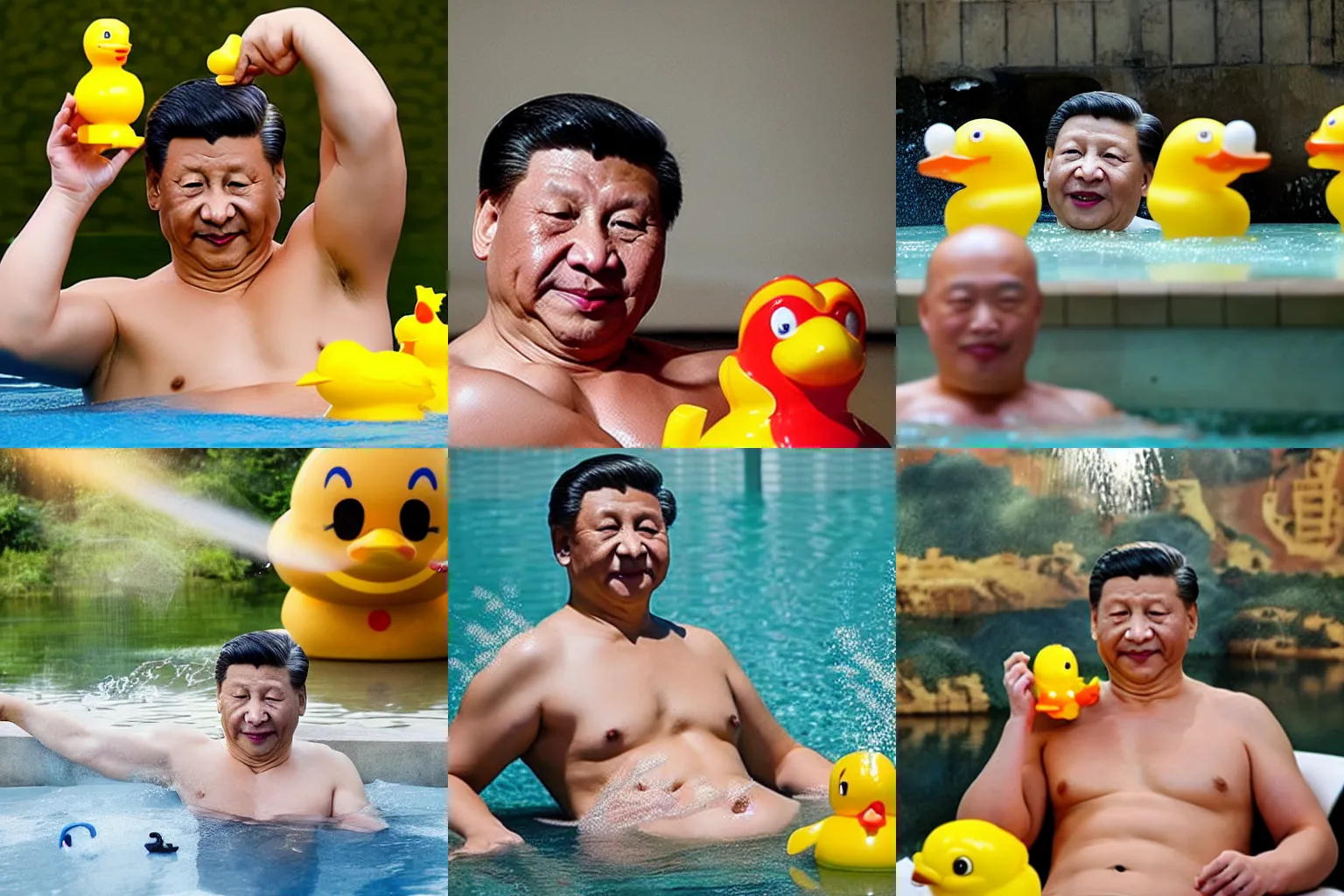 Prompt: xi jinping shirtless sitting a bath with a rubber duck bubbles war photography