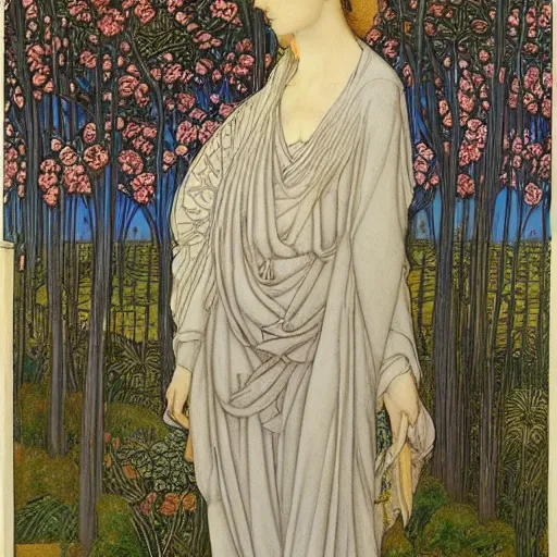 Prompt: elaborate, vivid by edward burne - jones, by charles gwathmey. a illustration of a beautiful landscape, delicate brushstrokes. peaceful & serene, with a gentle breeze blowing through the trees & flowers. colors are muted & gentle, calm & tranquility. well balanced & harmonious. color & composition, pleasing to the eye & calming to the soul.