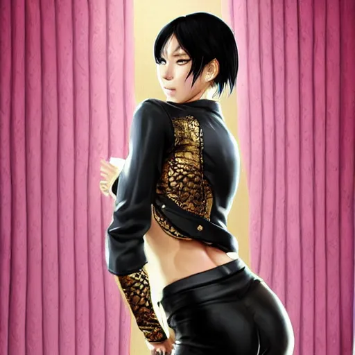 Image similar to yakuza slim girl, gold suit jacket in snake print, jacket over bare torso, yakuza tattoo on body, black short curtain haircut, black leather pants with black belt, elegant, 2d, ultra highly detailed, digital painting, smooth, sharp focus, artstation, art by artgerm, rossdraws