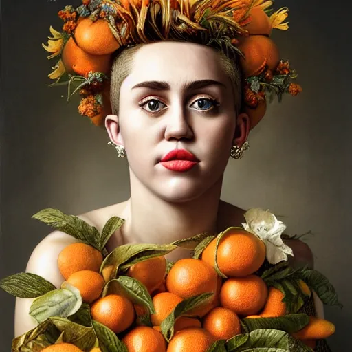 Prompt: stunning portrait of miley citrus, by giuseppe arcimboldo and paul barson and annie leibovitz and faith yata and artgerm and alphonse mucha, photorealistic, f 1. 8, soft lightning, high detail, 8 k