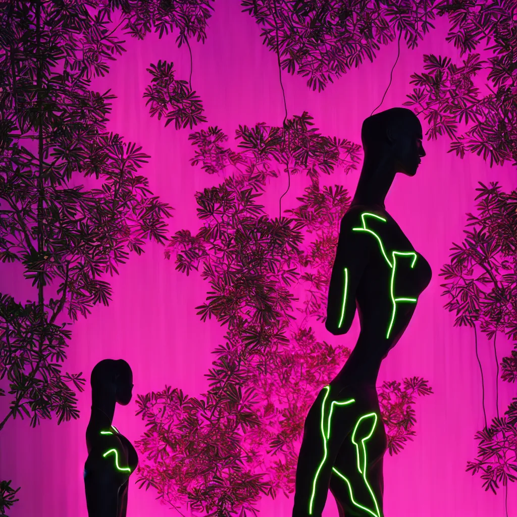 Prompt: beautiful mannequin sculpted out of black glass by billelis + lit with geometric neon dripping gold + forest in background!!!, facing a doorway opening with neon pink geometric fractal light + flowering bonsai trees, transcendent, clean linework, dramatic, finely detailed, award winning, 4 k, trending on artstation, photorealistic, volumetric lighting, octane render