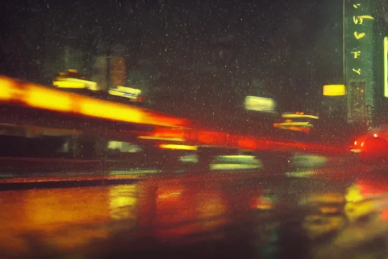 Prompt: a 1 9 8 5 fairmont speeding down tokyo highway in the rain, night time, neon lights, thunderstorm, movie still from the movie bladerunner 2 0 4 9