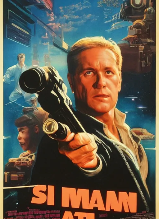 Image similar to a movie poster with a man holding a sci - fi gun, poster art by drew struzan, cgsociety, retrofuturism, reimagined by industrial light and magic, poster art, movie poster