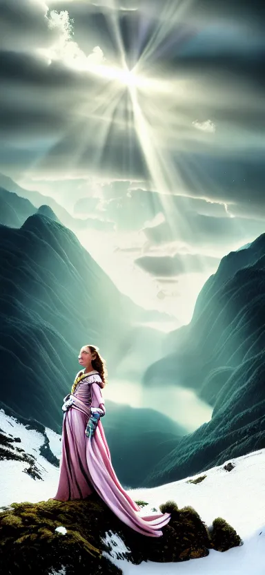 Image similar to royalty angel, big wings, argentina, natalie portman, hudson river school, max rive, full plate armor, f 1 6, bokeh, gentle, female, snowy mountain, storm clouds, god rays, close up portrait, d & d, fantasy, elegant, teal pink white gold color palette, concept art, roger deakins and greg rutkowski and alphonse mucha