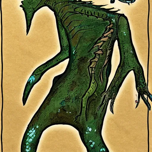 Prompt: Changeling bard standing over a sobbing lizard man in fetal position, sad, depressing, dark color schema, raining, in the style of Eric Carle