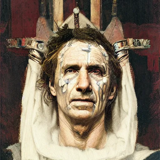 Image similar to the end is near. a tired julius caesar is sitting on a throne. portrait. face is highly detailed. intricate. splices of red are running down his toga. close shot. dark background. soft light. imagined by jeremy lipking and alphonse mucha