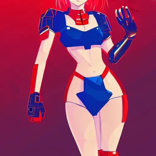 Prompt: digital anime art. full body. cute girl. red mech arms and red mech legs. blue eyes. gold short hair. red bikini. wlop, rossdraws, sakimimichan