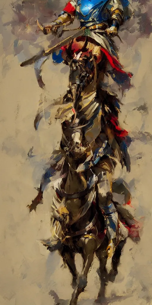 Image similar to portrait of colorful rider holding jousting lance, caparisons, chainmail, by greg manchess, bernie fuchs, ruan jia, walter everett