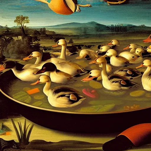 Prompt: ducks swimming in a big bowl of soup, renaissance painting, morning lighting, 8k