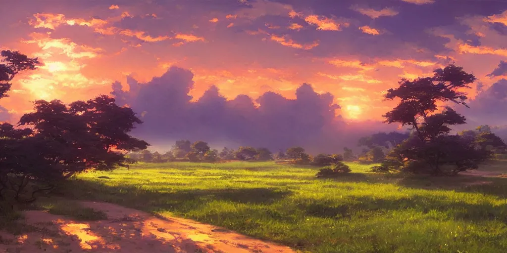 Image similar to an extraordinarily beautiful oil painting of a landscape in spring during sunset ; the most beautiful painting in the world ; by makoto shinkai