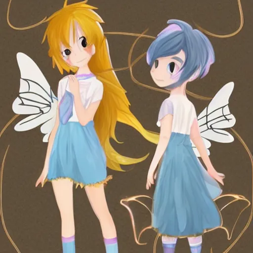 Image similar to magical small female and male fairies 🧚‍♂️ 🧚‍♀️ glowing effect as adorable anime style, young ,clear clean face,2D ,painter's style, gouache illustration, high contrast,cute, kawaii, chibi,golden ratio , rule of thirds,-H 768