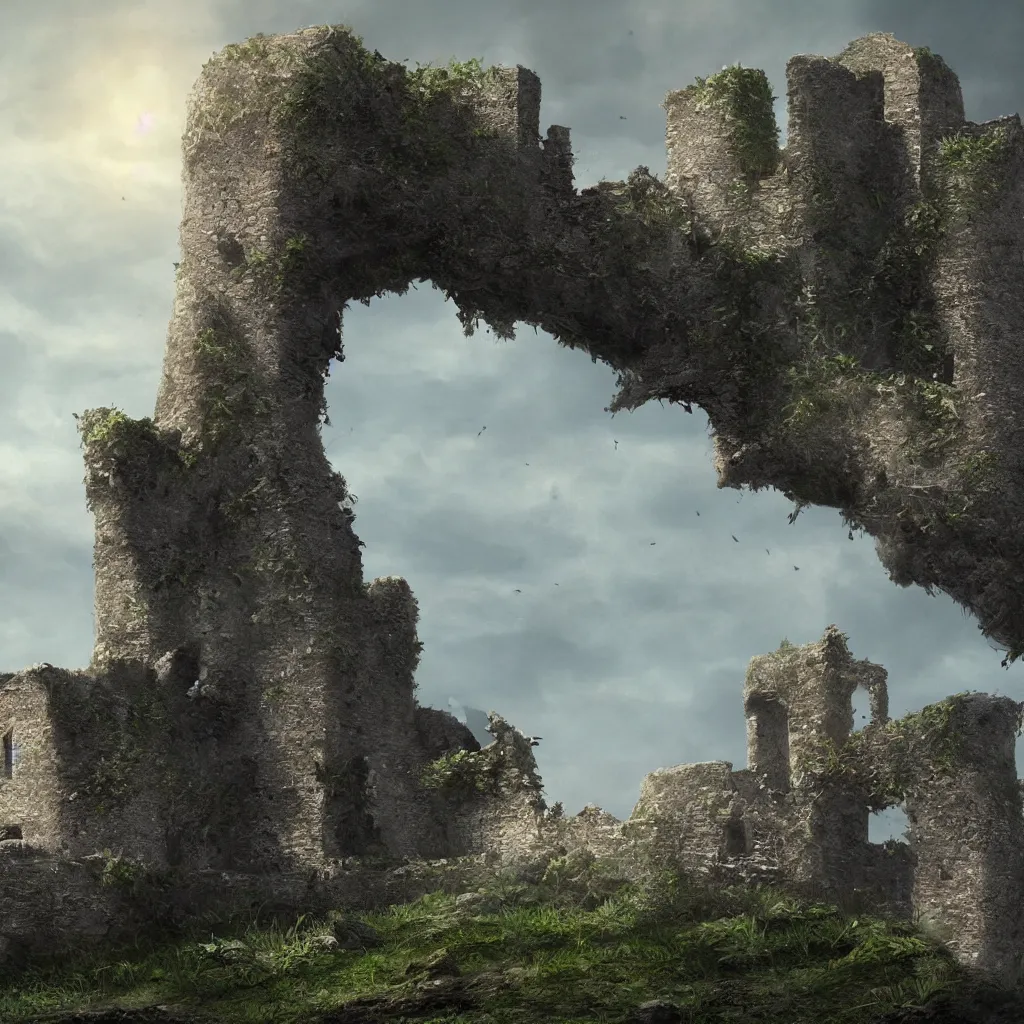 Image similar to looking up at a ruined castle on a small island only reachable by a small land bridge, 8 k, ultra realistic cinematic, intricate, cinematic light, concept art, illustration, art station