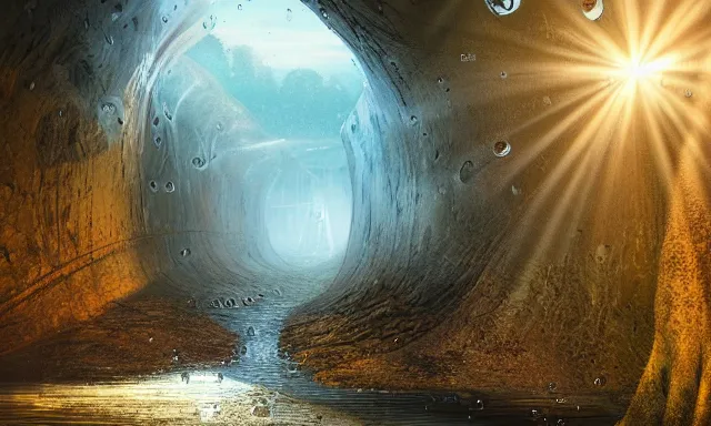 Image similar to beautiful picture of a magical vertical cylindrical tunnel made of big upside-down raindrops joining a dried up river with the sun, highly-detailed, fantastic, dramatic lighting, artstation, 4k