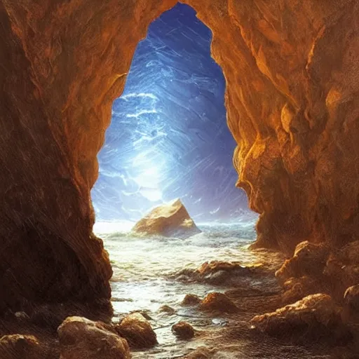 Prompt: a scary portal to another world in darwin's arch, magic portal, darwins arch!!!!! ocean and rock landscape, d & d, fantasy, intricate, elegant, highly detailed, digital painting, artstation, concept art, matte, sharp focus, illustration, art by greg rutkowski and rembrandt