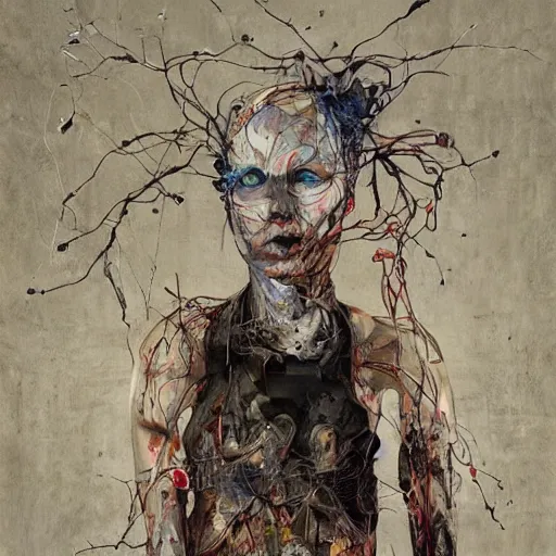 Image similar to the last wanderer of earth, post - apocalyptic wasteland, wires cybernetic implants, in the style of adrian ghenie, esao andrews, jenny saville, surrealism, dark art by james jean, takato yamamoto