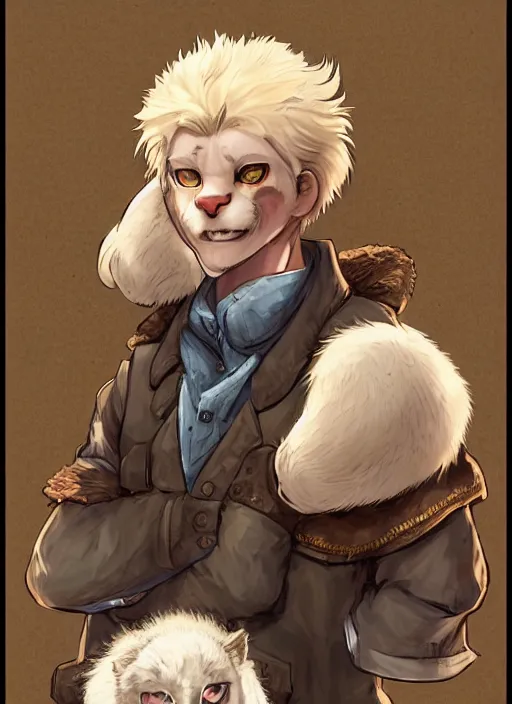 Image similar to fursona character portrait of a man with an albino mountain lion's head wearing miner's clothes at the mines. hidari, color page, tankoban, 4K, tone mapping, Akihiko Yoshida.