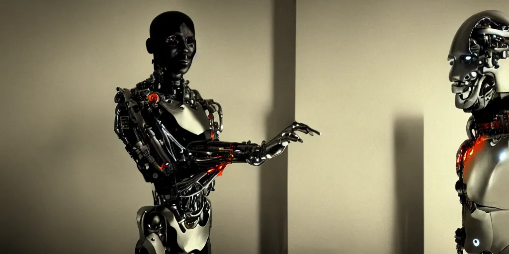 Prompt: a science fiction film still of a black man as a cybernetic cyborg, surrealism, film photography