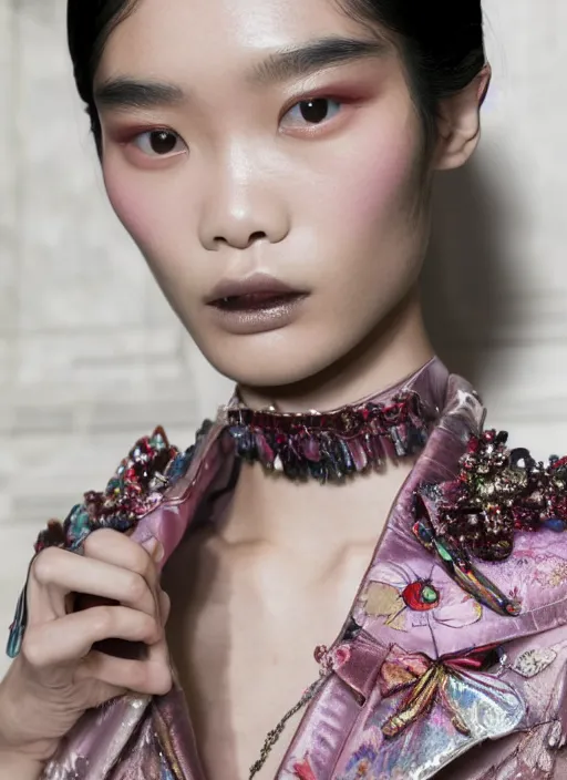 Image similar to A beautiful portrait of Ming Xi as a model at Valentino fashion show Milan Spring/Summer 2018, highly detailed, in the style of cinematic, Getty images, fashion week backstage, makeup by Pat Mcgrath, shot by Greg rutkowski