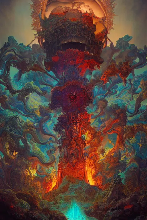 Image similar to gigantic skull center, psychedelic demonic cosmic death and flames, fantasy painting, ultra realistic, wide angle, art nouveau, intricate details, rainbowshift, vivid colors, highly detailed by peter mohrbacher, h. r. giger, maxfield parrish, gustave dore, craig mullins, octane render, cgi