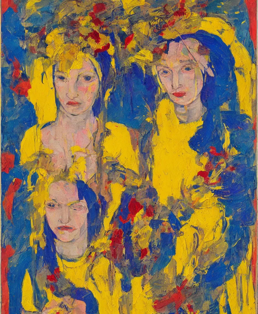 Image similar to portrait of a priestess with flowers in her hair and a candle in her hand, yellow and blue ribbons, expressive abstractionism, many small saturated hard relief strokes of oil on canvas with high detail