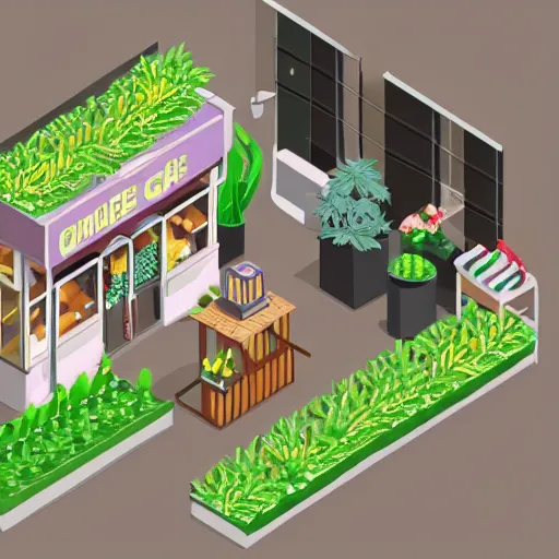Image similar to isometric cartoon of minimalist shop cafe decorated with a few cannabis 🪴 leaf planters. by benoit b. mandelbrot, render pixar palette