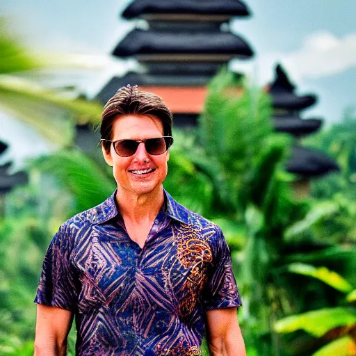 Prompt: a photo of tom cruise wearing batik bali when holiday in bali. blurred temple background. front view. sigma 8 5 mm lens f / 1. 4