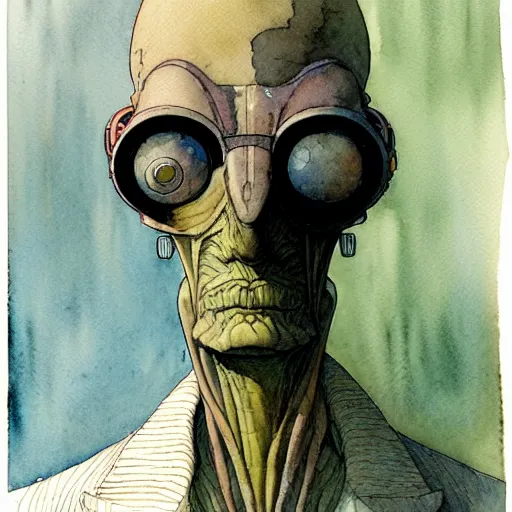 Prompt: a simple and atmospheric watercolour portrait of a pulp sci - fi alien teacher, very muted colors, by rebecca guay, michael kaluta, charles vess and jean moebius giraud