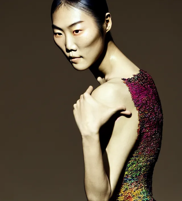 Image similar to photography american portrait of liu wen, natural background, sensual lighting, natural fragile pose, wearing stunning dress by iris van herpen, with a colorfull makeup. highly detailed, skin grain detail, photography by paolo roversi, nick knight, helmut newton, avedon, araki