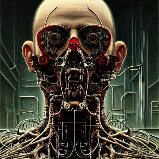 Image similar to ultra realist intricate detailed horror painting of a single rugged cyborg male, bearded face and cyborg tech on body and legs, symmetry accurate features, cyberpunk, industrial, apocalyptic, very intricate details, focus, high resolution, 8 k resolution, dramatic lighting, artstyle alex ries and zdzisław beksinski, award winning