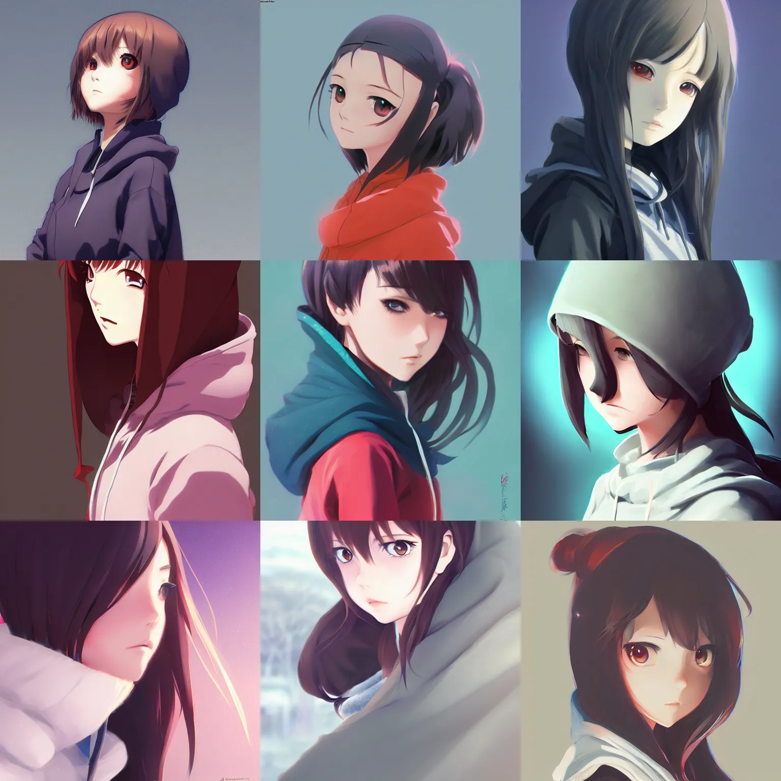Prompt: profile of anime girl wearing hoodie, ilya kuvshinov, digital anime art, wlop, ilya kuvshinov, artgerm, krenz cushart, greg rutkowski, studio ghibli