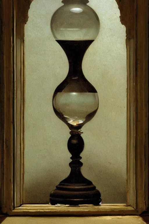 Prompt: a victorian hourglass containing a tiny terrarium cloud forest, by craig mullins and vermeer