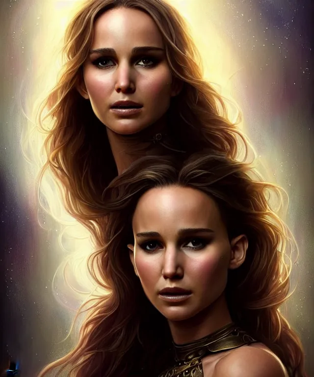 Image similar to half nathalie portman half Jennifer lawrence a fantasy magic woman portrait, sci-fi, amber eyes, face, long hair, fantasy, intricate, elegant, highly detailed, digital painting by Boticceli, artstation, concept art, smooth, sharp focus, illustration, art by artgerm and greg rutkowski and alphonse mucha