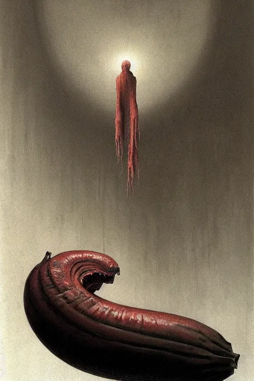 Prompt: something strange in my large banana, by zdzislaw beksinski, by dariusz zawadzki, by wayne barlowe, gothic, surrealism, cosmic horror, lovecraftian, cold hue's, warm tone gradient background, concept art, beautiful composition