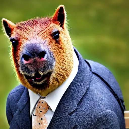 Prompt: a high quality photo of an antropomorphic capybara wearing a suit, 8k, digital art