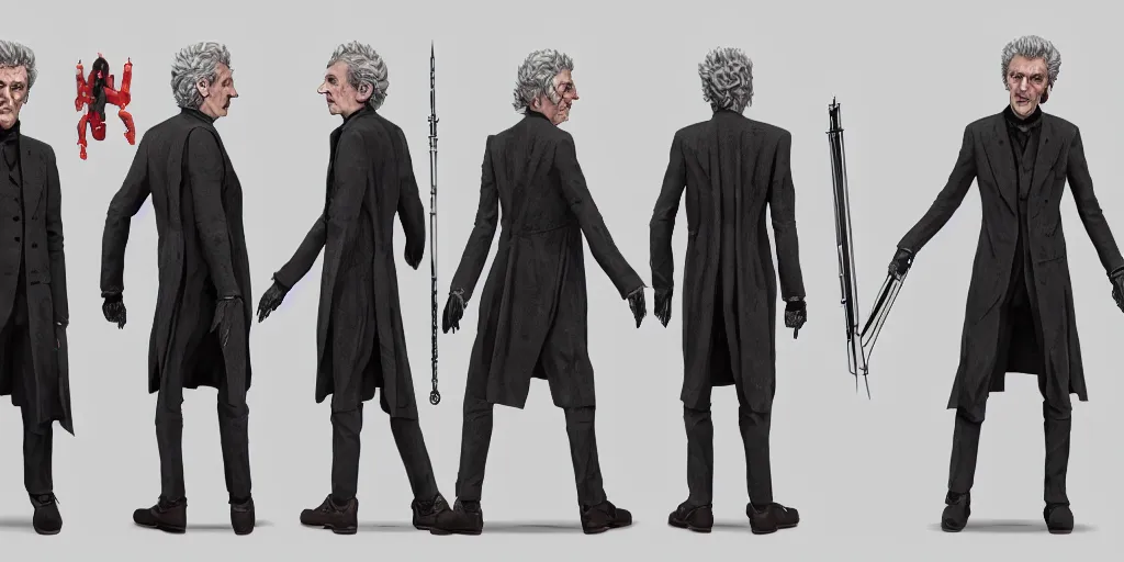 Image similar to peter capaldi as doctor who, character sheet, concept design, contrast, hot toys, kim jung gi, greg rutkowski, zabrocki, karlkka, jayison devadas, trending on artstation, 8 k, ultra wide angle, pincushion lens effect