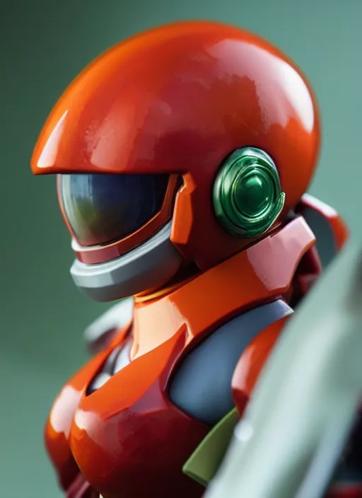 Image similar to helmet portrait of a figurine of samus aran's varia suit from the sci - fi nintendo videogame metroid. glossy. red round helmet, orange shoulder pads, green visor. shallow depth of field. suit of armor.