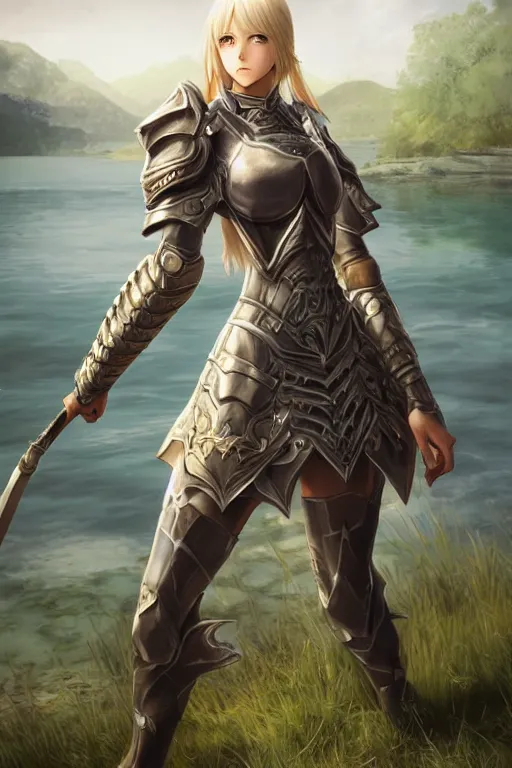 Image similar to A full body portrait of a female paladin beside a lake, blonde hair, Akihiko Yoshida, concept art, very detailed, tone mapping, matte