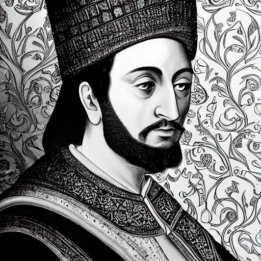 Prompt: a portrait of sultan suleiman the magnificent, focused gaze, art station, highly detailed, concept art, sharp focus, illustration in pen and ink, 4 k wide angle