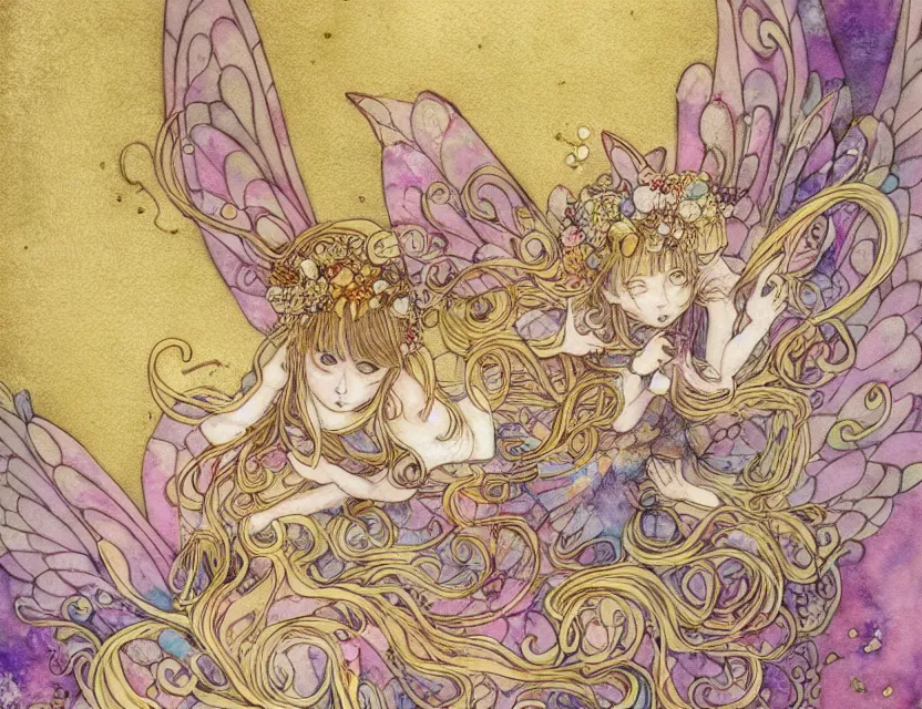 Image similar to faerie spirit of cupcakes, lost in a liminal space. this watercolor and gold leaf work by the award - winning mangaka has a beautiful composition and intricate details.