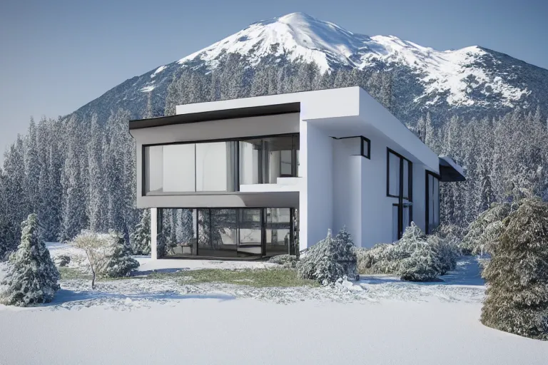 Image similar to modern modern fachwerk house with in the forest on the foot of Elbrus mountain covered by snow on the background, architecture, 3d render 8k , high details