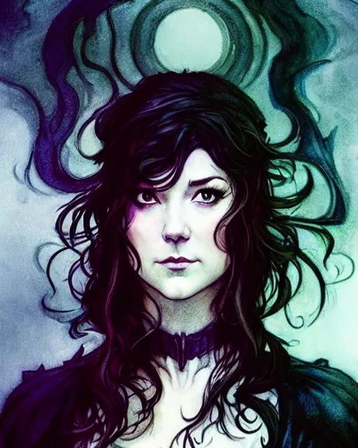 Image similar to style of arthur rackham, artgerm, rafael albuquerque, steve niles : : gorgeous mary elizabeth winstead : : evil sorceress, swirling black magic, black dress : : symmetrical face, symmetrical eyes : : full body pose : : gorgeous red hair : : cinematic lighting : :