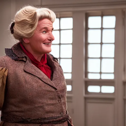 Prompt: A movie still of Captain Simcoe (Turn) as Mrs Doubtfire, dynamic lighting, smiling, 8k, 2022 picture of the year