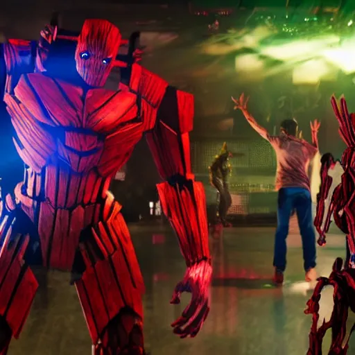 Image similar to groot and optimus prime dancing at techno party among people, wide shoot, after effect, ultra realistic