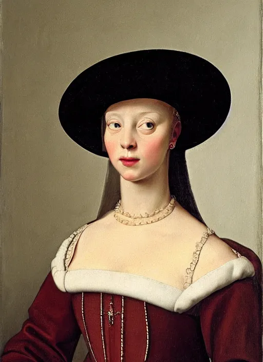 Image similar to portrait of young woman in renaissance dress and hat, art by petrus christus,