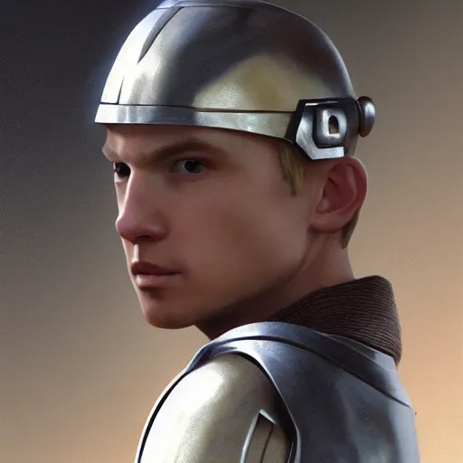 Image similar to a young blonde male jedi with short hair standing still, over the shoulder shot, ots shot, third-person shot, full-length, head-to-toe, full body photography, extremely long shot, long shot, concept art by Doug Chiang cinematic, realistic painting, high definition, concept art, the Mandalorian concept art style