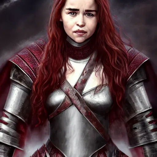 Prompt: emilia clarke, as a medieval fantasy character, with dark reddish hair, wearing light, silver armor and red clothing, tan complexion, holding a longsword, smiling, noble, cinematic, gloomy, realistic, digital art, character art, 8 k