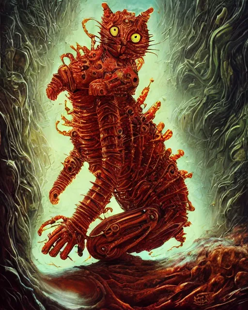 Image similar to bloody fleshmetal cyborg garfield eats jon, by antonio j. manzanedo, giger, alex grey, android jones, wayne barlowe, philippe druillet, raymond swanland, cyril rolando, josephine wall, harumi hironaka, trending on artstation