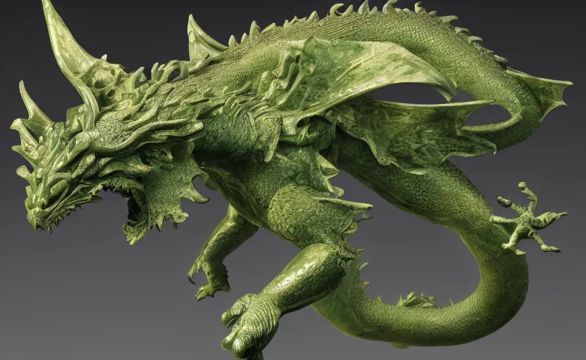 Image similar to statue of a dragon made of green jade, subsurface scattering, translucent, Dynamic Light and Shadows, Rendering, Redshift, 8k